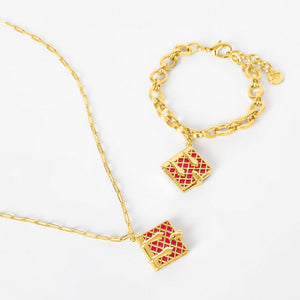Secret Diary Book Locket & Bracelet Gift Set (Magenta) - Gold